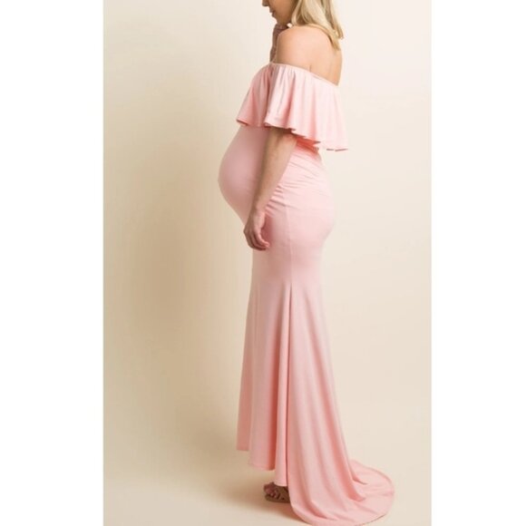 PinkBlush Ruffle Off Shoulder  Mermaid Maternity Photoshoot Gown/Dress mauve XL - Picture 4 of 13